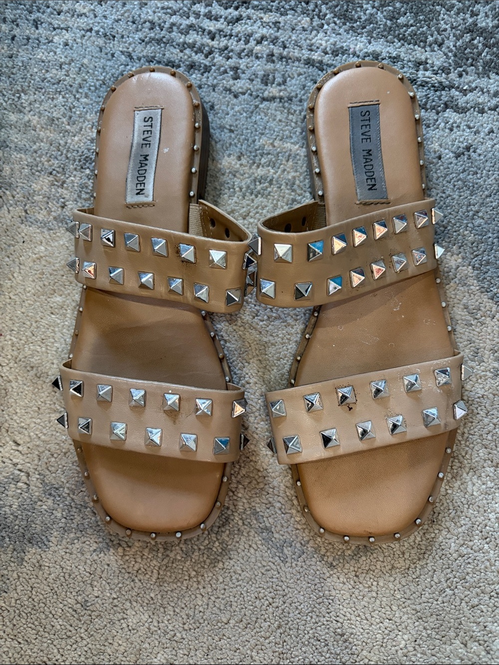 Steve Madden Tan Studded Double-Strap Slide Sandals